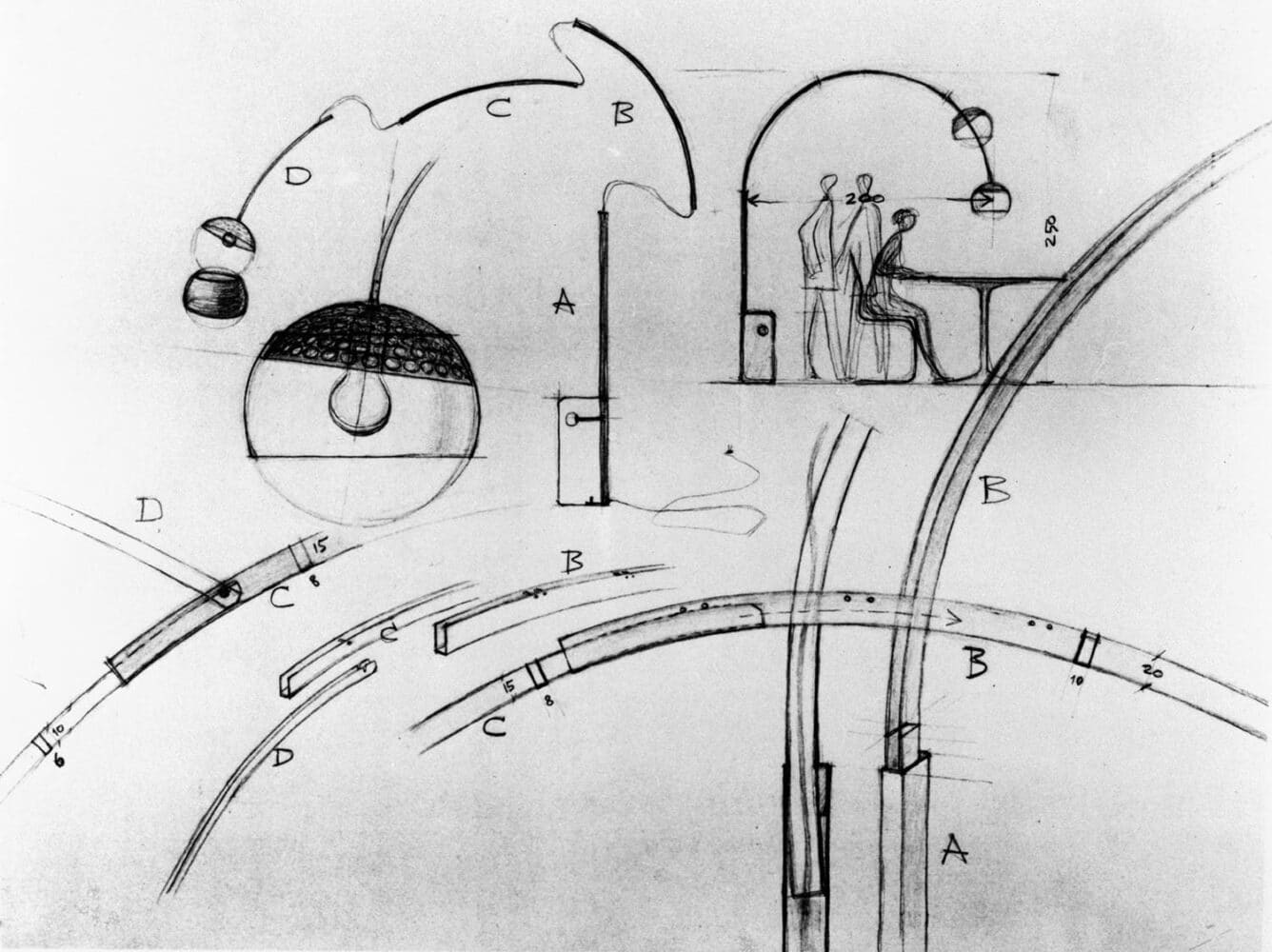 Boceto original de la lámpara Arco de Achille Castiglioni