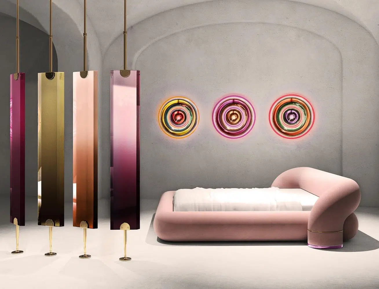 Tito Bed, Joy Circle Lamps y Reverso screens. Rossana Orlandi Gallery. Rossana Orlandi Gallery